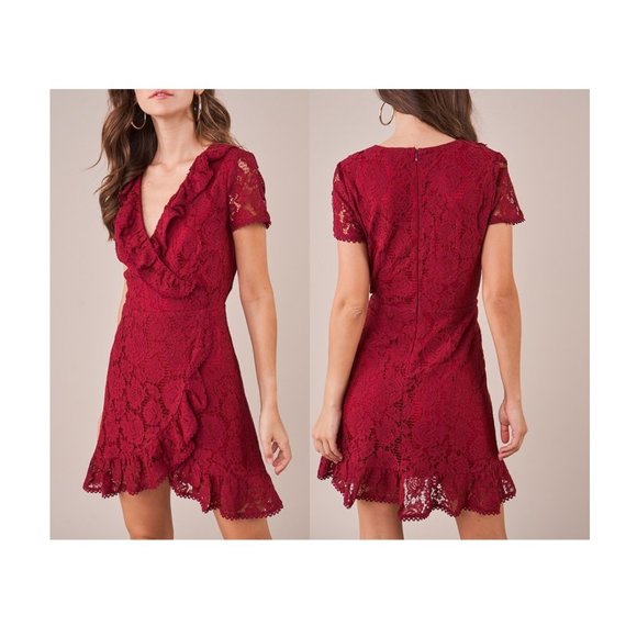 Adorable lace wrap dress ruffle in burgundy - Picture 1 of 6